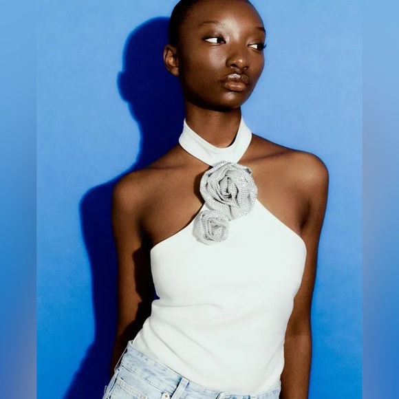 ZARA RHINESTONE FLORAL HALTER BODYSUIT - Medium - Picture 9 of 16